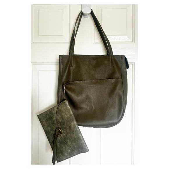 Anthropologie Vegan Leather Viola  Convertible Tote Purse and Pouch Olive Green - Picture 2 of 8